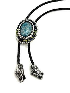 Hand Crafted Blue Stone Bolo Tie Necklace with Silver Dragon Tips